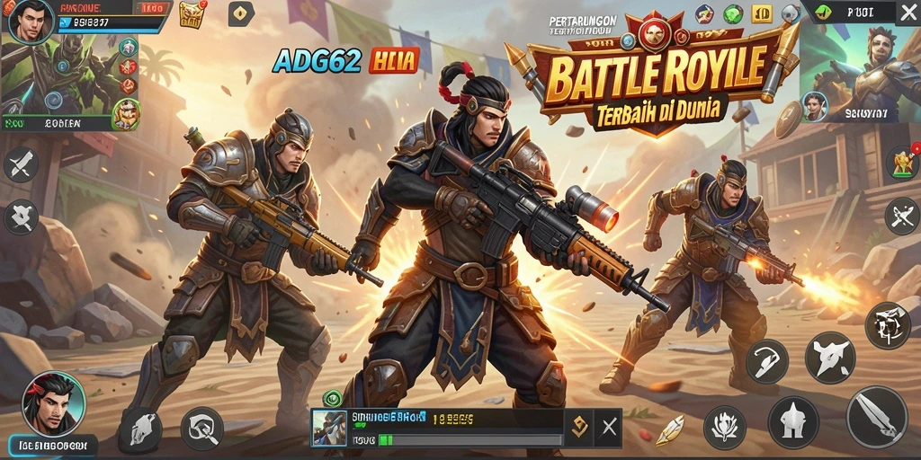 Screenshot utama ADG62 memperlihatkan aksi intens dalam permainan Battle Royale.