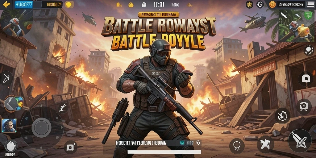Gameplay HUGO77 di tengah pertempuran menegangkan Battle Royale.