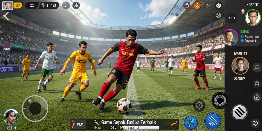 Screenshot gameplay KOSTOTO menampilkan aksi seru di lapangan sepak bola.