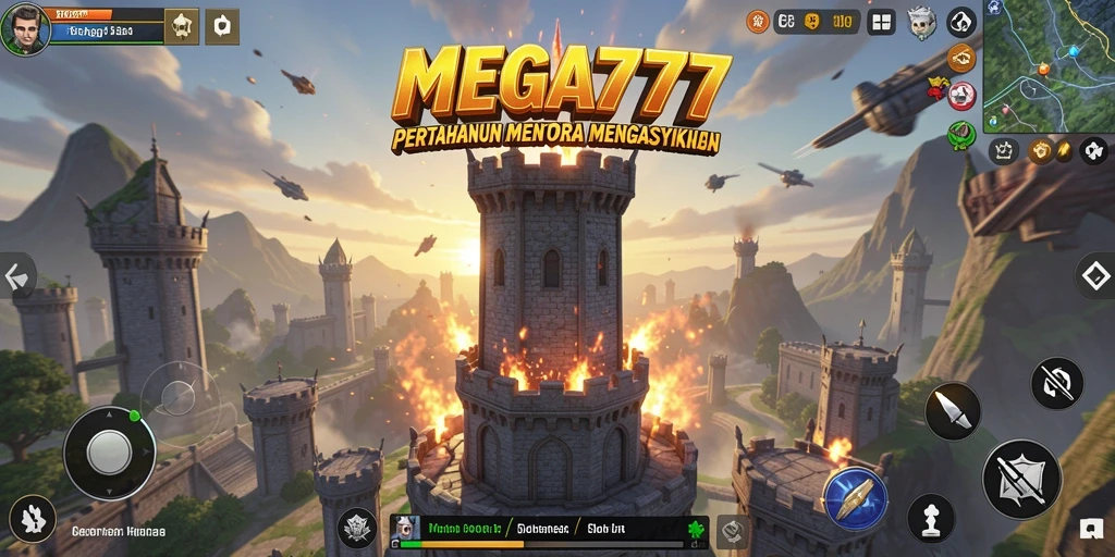 Tampilan seru gameplay MEGA777 dengan menara dan musuh yang beragam.