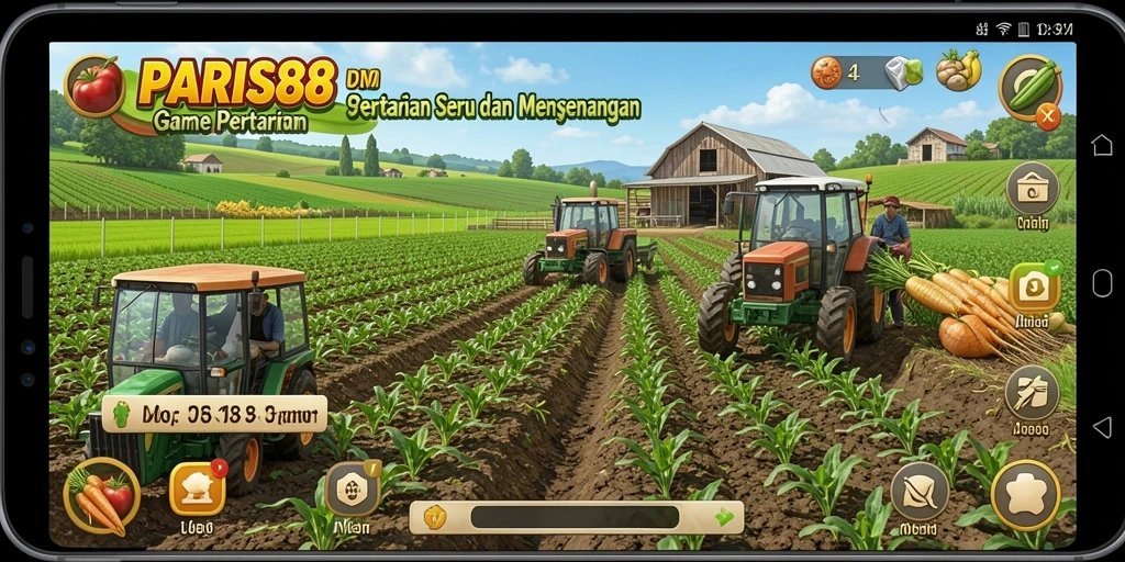 Tampilan gameplay <strong>PARIS88</strong> dengan lahan pertanian yang subur dan hewan peliharaan.