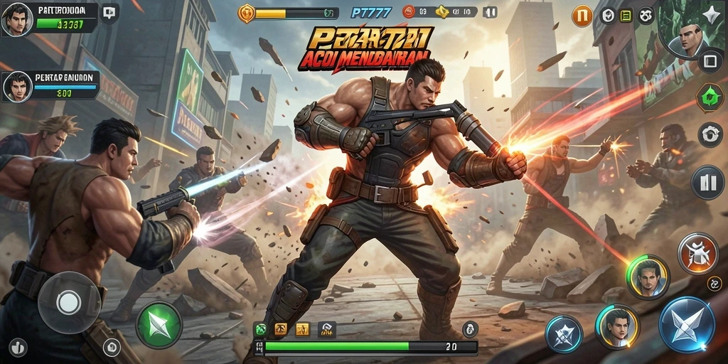 Tangkapan layar gameplay PT777 menampilkan pertarungan seru melawan musuh.